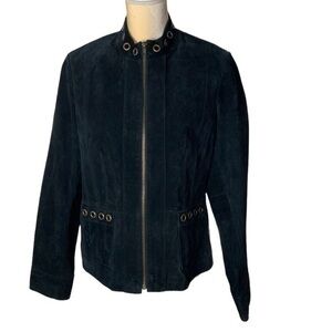 Vintage Ruff Hewn Black Suede Leather Zip-Up Jacket with Gold Detail Size Large
